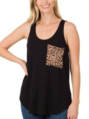 Zenana Black Tank with leopard pocket